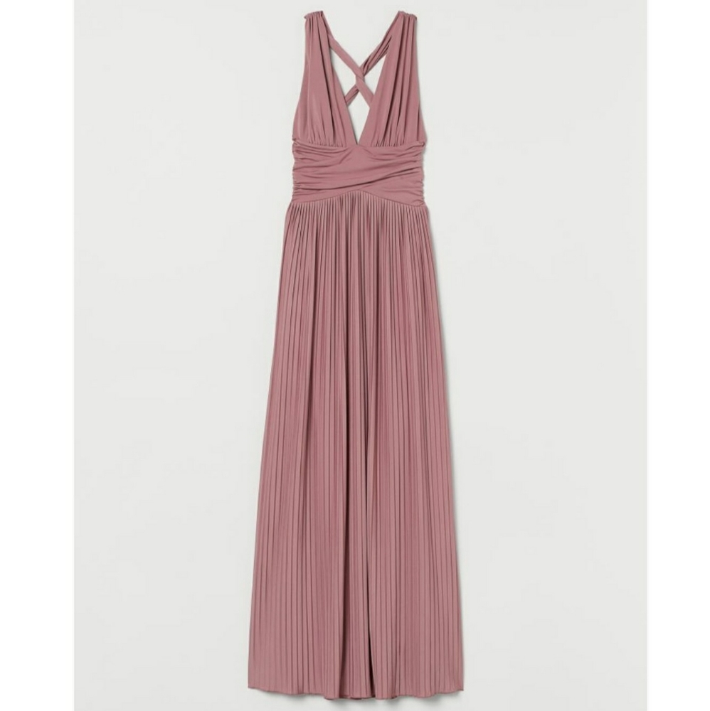 H&M DRESS NWT Size 2 Pink Maxi Bridesmaid Open Back Fit Flare Coquette Wedding